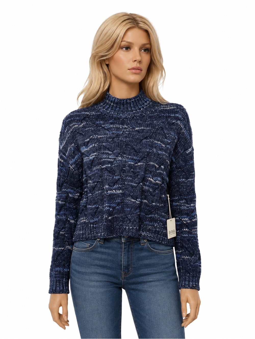 a.n.a Cropped Blue Cable Knit Sweater Mock Neck Small New